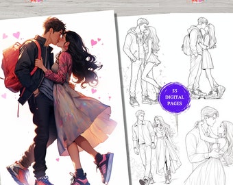 55 páginas para colorear de parejas de anime para San Valentín, páginas imprimibles para colorear de San Valentín, hojas para colorear de amor manga para adultos y niños.