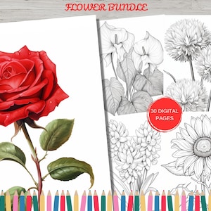 30 Printable Flower Coloring Pages, Coloring Book, Adults + Kids, Grayscale Coloring, Instant Download, Printable PDF, Rose Coloring Book