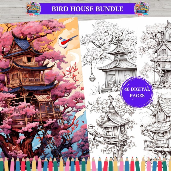 40 Bird-Style Fairy Houses Coloring Book Pages -  Bird Houses Cute Coloring Sheets Adults Kids Coloring Pages, Instant Download, Grayscale