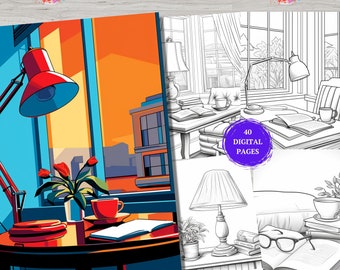 40 pages à colorier pour le coin lecture, pages à colorier pour le coin lecture, étagères à colorier, en niveaux de gris