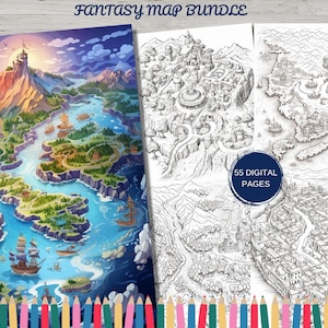 55 Fantasy Malseiten Karte Malseiten, Malseiten für Erwachsene und Kinder, Fantasy Malseiten, zum sofortigen Download, zum Ausdrucken und Ausmalen Weltkarte