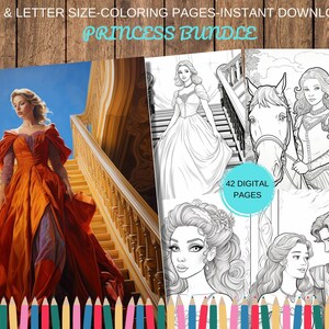 42 Princess Coloring Pages, Adults + Kids - Instant Download Fairy Coloring Beautiful Princess Coloring Sheets - Gift, Printable Art PDF