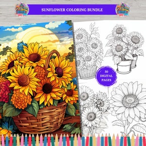50 Sunflowers Coloring Book Pages, Botanical Floral Plant Coloring Pages, Fantasy Spring, Grayscale Color page,Coloring Book for Adults Kids