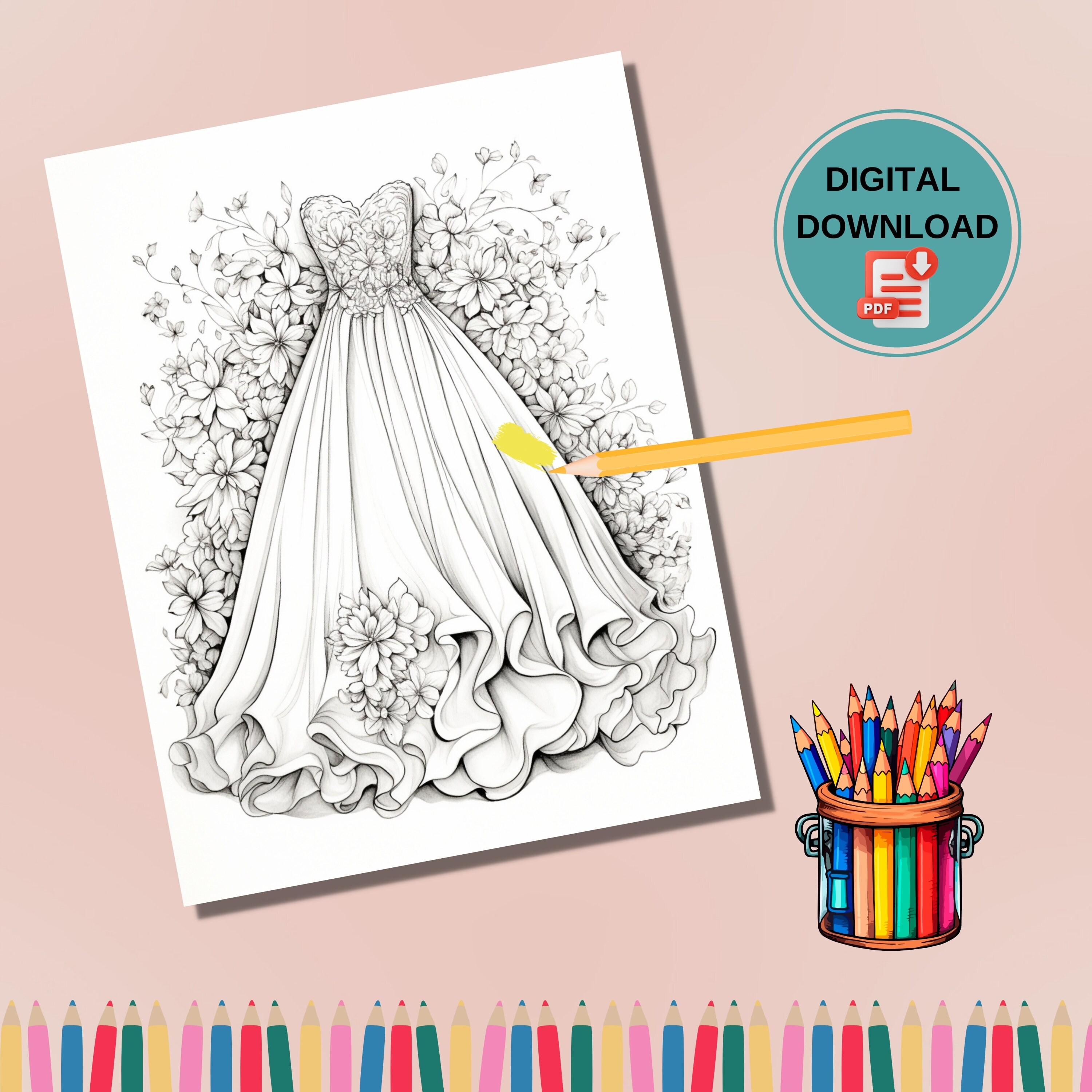 72 Flower Wedding Dress Coloring Pages, Floral Dress Coloring Book ...