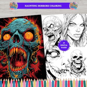 Puede incluir: Un libro para colorear digital titulado "Haunting Horrors Coloring" con ilustraciones de zombis y calaveras. La portada incluye una vibrante y detallada ilustración de zombi con un cráneo verde azulado y ojos naranjas. El libro contiene 45 páginas digitales.
