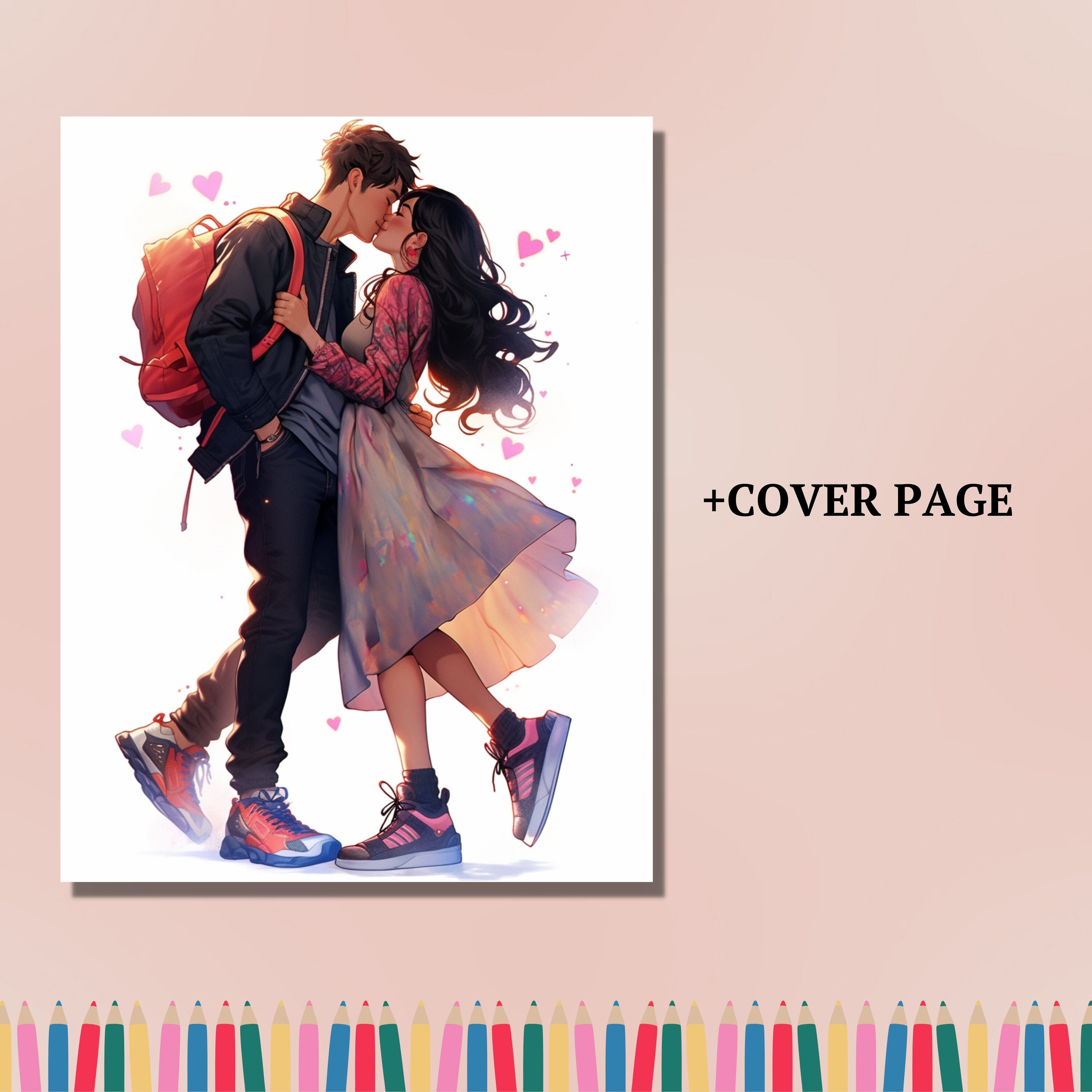 55 Anime Valentines Day Couple Coloring Book, Printable Happy