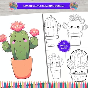 50 kawaii cactus kleurplaten schattige cactussen en planten schattige kleurboekpagina&#39;s, anime- en mangastijl, voor kinderen en volwassenen direct downloaden