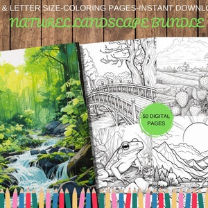 50 Nature Scenes Coloring Books, Nature Coloring Sheets - Printable PDF Adults and Kids, Mountain Landscapes, Blue Sky, Waterfall, Volcano
