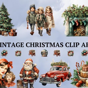 40 PNG aquarelle vintage Noël Clipart, Illustrations de Noël rétro Clip art, vacances d'hiver png, sublimation de Noël haute résolution