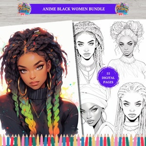 55 Beautiful Anime Black Women Coloring Book Pages, Black Beauty Coloring Pages Mange Coloring for Adults & Kids, Coloring Sheets, Printable