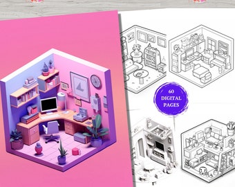 60 Pocket Room Cute Coloring Book for Relaxing, Printable Boho Cozy Interior Design Coloring Pages, Isometric Adults + kids Coloring Pages