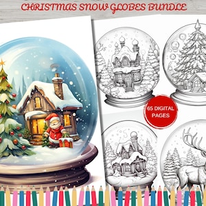 65 Christmas Snow Globes Coloring Book, Printable Xmas Coloring Pages, Grayscale Christmas Coloring Book Pages for Adults and Kids-Printable