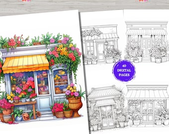 40 Blumenladen Malseiten, Malbuch, Ausmalbilder, Erwachsene + Kinder, Graustufen, Sofort-Download, druckbar