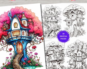 30 Enchanted Fairy Home Coloring Pages - Grayscale Colorpage, Adult And Kids Coloring Book , Coloring Sheets, Instant Download, Printable