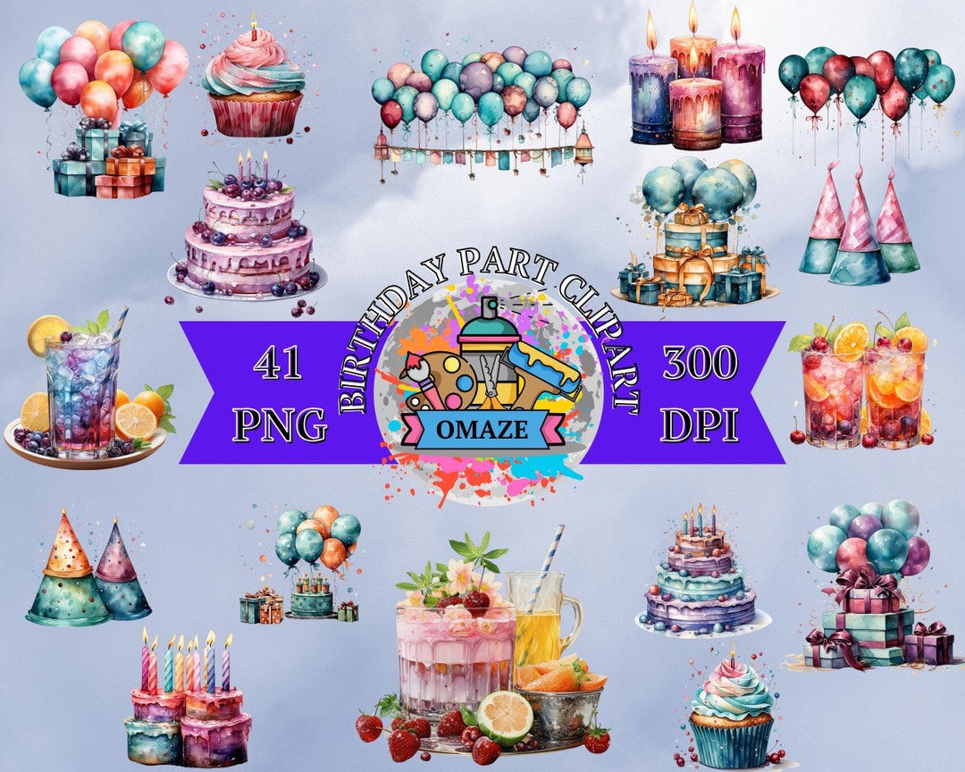 41 Watercolor Birthday Party Cake Present Balloons Clipart Bundle of ...