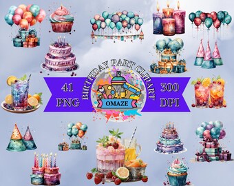 41 Watercolor Birthday Party Cake Present Balloons Clipart Bundle of  - Happy Birthday Collection Digital Download PNG - Commercial Use