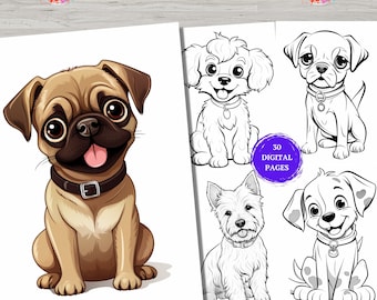 30 páginas fáciles para colorear de perros para niños pequeños Animales kawaii Niños en edad preescolar Libro para colorear para niños pequeños Páginas para colorear sencillas para la educación en el hogar Imprimibles