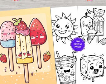 100 Summer Kawaii Coloring Book Pages, Cute Coloring Pages, Anime, Coloring Pages for Kids, Printable Coloring Pages for kid, Kawaii Food
