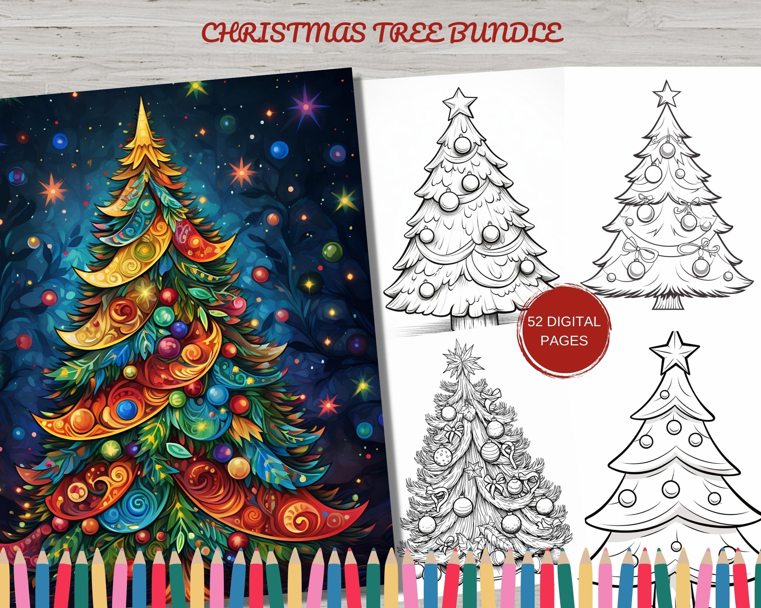 52 Christmas Tree Coloring Book, Printable Xmas Noel Holiday Coloring Pages, Christmas Tree Decorations Coloring Book for Adults and Kids