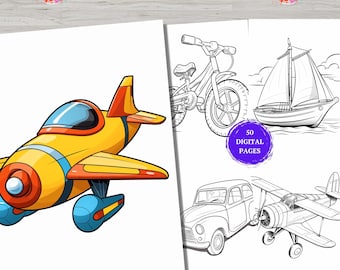 50 páginas para colorear de vehículos fáciles para niños pequeños, niños en edad preescolar, libro para colorear para niños pequeños, páginas para colorear sencillas para la educación en el hogar, imprimibles, automóviles, bicicletas