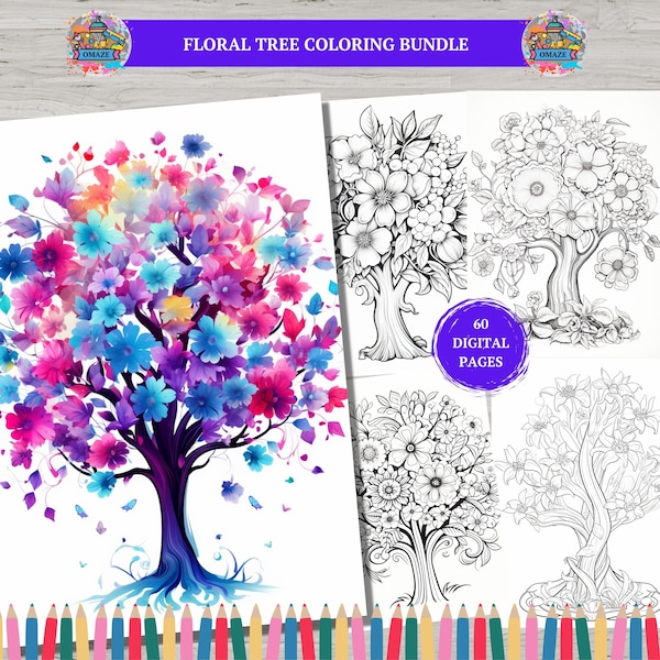 60 Floral Tree Coloring Book, Blooming Trees, Enchanted Fantasy Tree Coloring Pages, Magical Big Tree Coloring Book for Adults and Kids