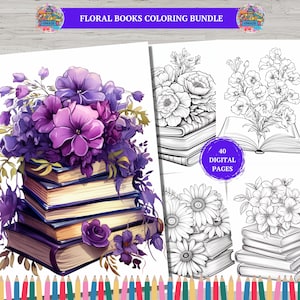 40 Floral Books Coloring Book, Fairytale Enchanted Book Coloring Pages, Magical Coloring Book pages Fantasy Book Book for Adults and Kids