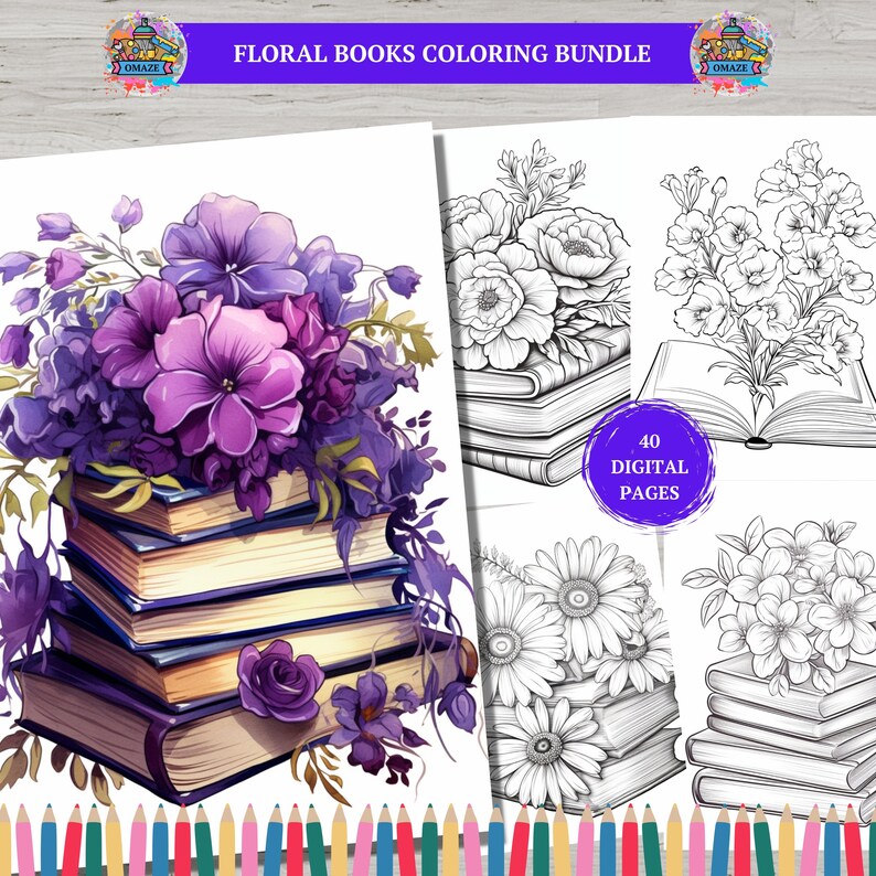 May include: A digital coloring book bundle featuring floral designs. The cover image shows a stack of books adorned with purple flowers. The text "Floral Books Coloring Bundle" is at the top. The bundle includes 40 digital pages.