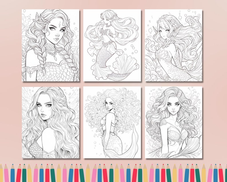 60 Anime Mermaids Coloring Page Manga Fantasy Greyscale Coloring Book ...