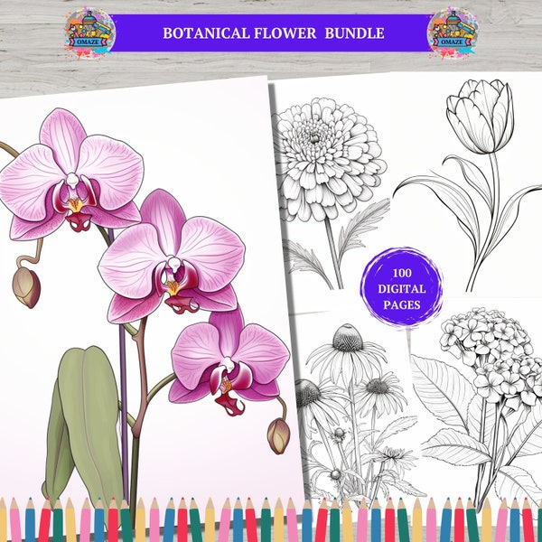 100 páginas para colorear de flores botánicas, floración, página para colorear para adultos y niños, hojas para colorear, página para colorear en escala de grises, PDF imprimible