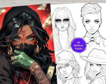 60 Anime Gangster Girls Coloring Book Pages Cute Manga Fantasy Anime Coloring Pages for Adults & Children, Coloring Sheets, Printable PDF