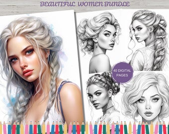 40 Beautiful Women Coloring Page, Hair, Flowers Coloring Page Book, Adults + kids Instant Download, Grayscale Coloring, Gift, Printable PDF