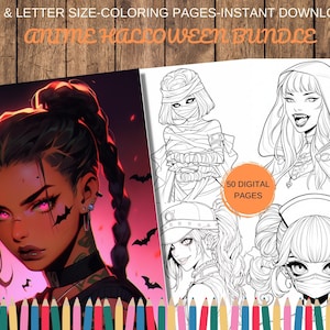 50 Anime Halloween Girls Coloring Book Page Manga Fantasy Halloween Coloring Pages for Children & Anime Character Coloring Pages, Printable