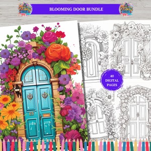40 Blooming Fairy Doors Coloring Page, Adults kids Instant Download - Door Flowers, Fairy Doors, Coloring Book Pages, Coloring Sheets
