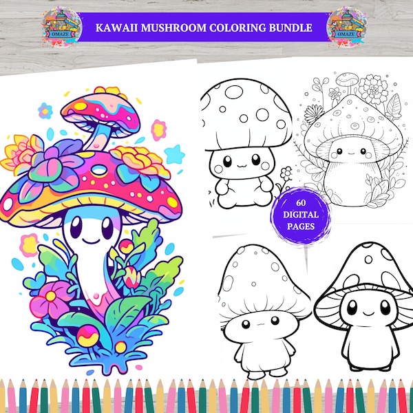 60 Cute Kawaii Mushrooms Coloring Book, Cute Mushrooms Coloring Sheets Adorable Mushroom Cuties Coloring Pages, Book for Adults and Kids