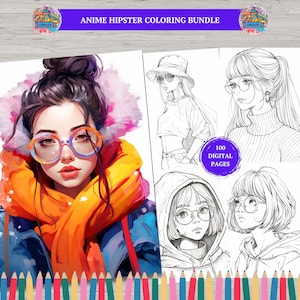 100 Anime Hipster Girls Coloring Book Cute  Hair, Flowers Coloring Page Women Book, Manga Fantasy Anime Coloring Pages for Adults & Children