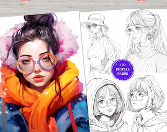 100 Anime Hipster Girls Coloring Book Cute  Hair, Flowers Coloring Page Women Book, Manga Fantasy Anime Coloring Pages for Adults & Children