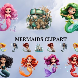 30 Mermaid Clipart Bundle | Watercolor cute mermaid Clipart png | Sea Life, Instant Download Images | Pixar Cute Mermaids, Commercial use