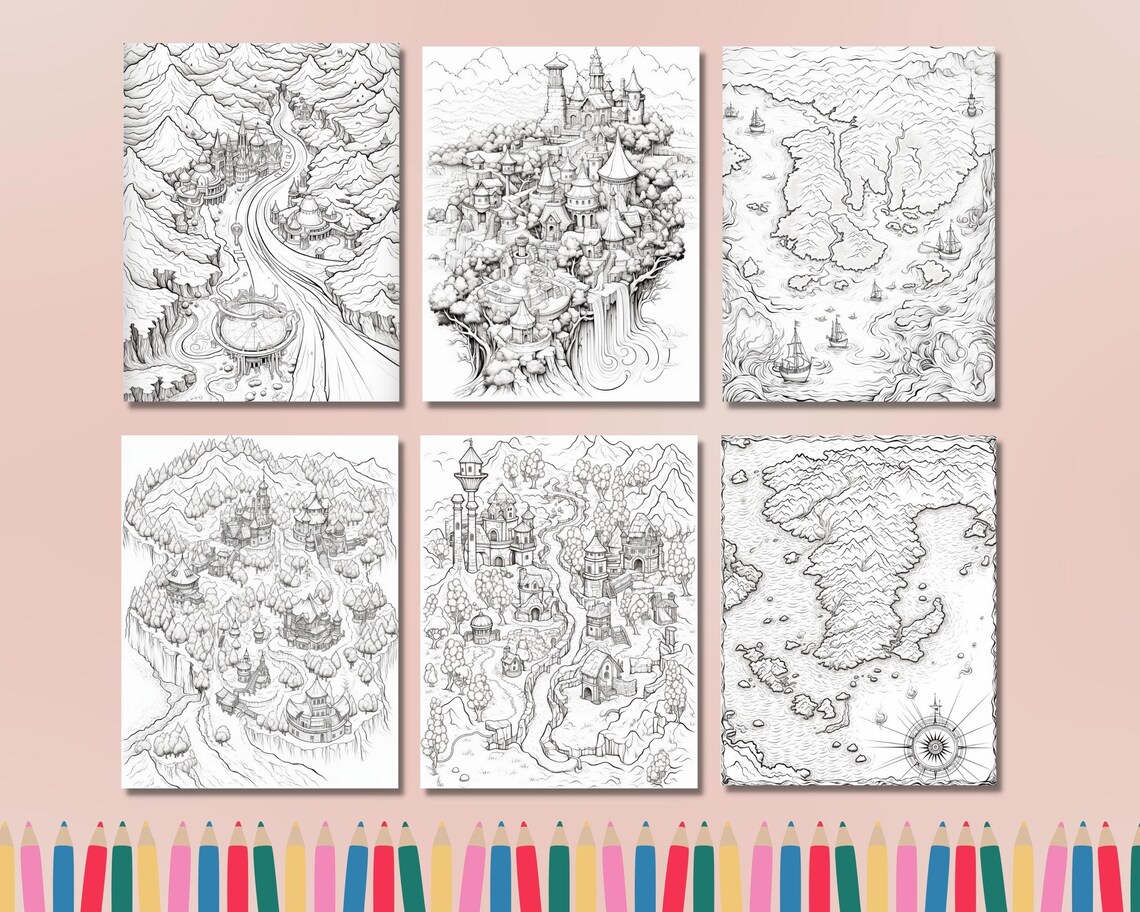 55 Fantasy Map Coloring Pages Adult and Kids Coloring Book, Fantasy ...