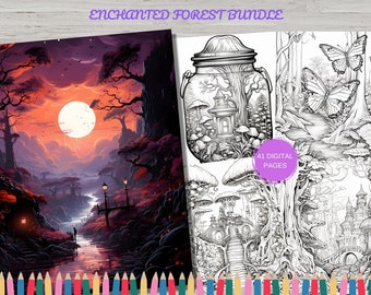 41 Enchanted Forest Coloring Book Pages, Magical Forest Coloring Pages, Grayscale Colorpage Sheets for Adults, Relax and Stress Relief,