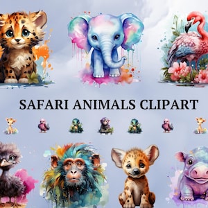 40 Baby Safari Animals, Watercolor Clipart, Baby Shower, Lion, Giraffe, Zebra, Monkey, Elephant, Cute Jungle Animals, Watercolor Nursery Art