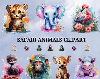 40 Baby Safari Animals, Watercolor Clipart, Baby Shower, Lion, Giraffe, Zebra, Monkey, Elephant, Cute Jungle Animals, Watercolor Nursery Art