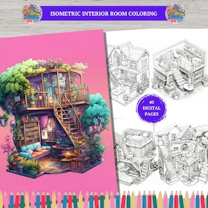 40 Isometric Room Coloring Pages, Fantasy Interior Isometric Coloring Book, Pocket Room Coloring Sheets,Cozy Wooden Home Flowers House PDF