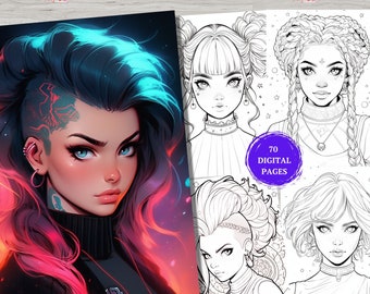 70 Anime Galaxy Girls Coloring Page, Manga Fantasy Coloring Book Pages, for Adults and childeren, Grayscale, Instant Download, Printable PDF