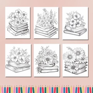 May include: Six black and white coloring pages featuring stacks of books topped with various floral arrangements. Each page showcases a different flower design, perfect for coloring enthusiasts.