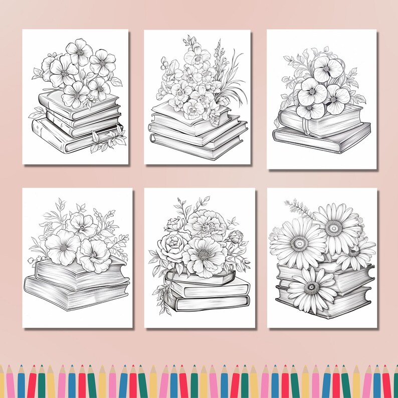 May include: Six black and white coloring pages featuring stacks of books topped with various floral arrangements. Each page showcases a different flower design, perfect for coloring enthusiasts.