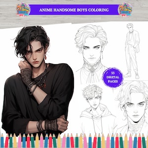 Puede incluir: Libro para colorear digital con ilustraciones de chicos guapos al estilo anime. La imagen incluye un retrato en color y varios dibujos lineales en blanco y negro. El texto "ANIME HANDSOME BOYS COLORING" está en la parte superior, y "33 DIGITAL PAGES" está en un círculo morado.