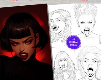 40 Anime Vampire Girls Coloring Book Pages Women, Manga Fantasy Coloring Pages for Children & Adults, Gothic Vampire Coloring Sheets