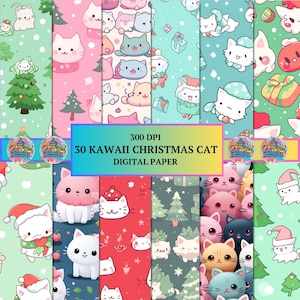 30 Kawaii Kitty Cat Christmas Edition Digital Papers- Muster für Katzen-Sammelalben, Katzen-Sammelkarten, Kawaii - hohe Auflösung