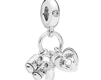 Pandora Baby Bottle & Shoes Dangle Charm a New Baby's Arrival with Sterling Silver Booties and Heart Embossed Footprints Trending Charm