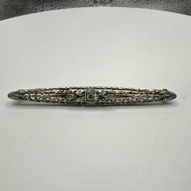 Very Nice Edwardian Filigree Bar Pin with Diamond 14K Gold
